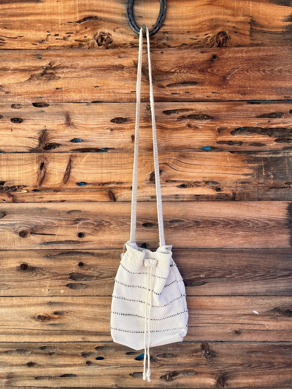 VINTAGE | Faded Glory 90s Y2K Neutral Crochet Drawstring Crossbody Bag